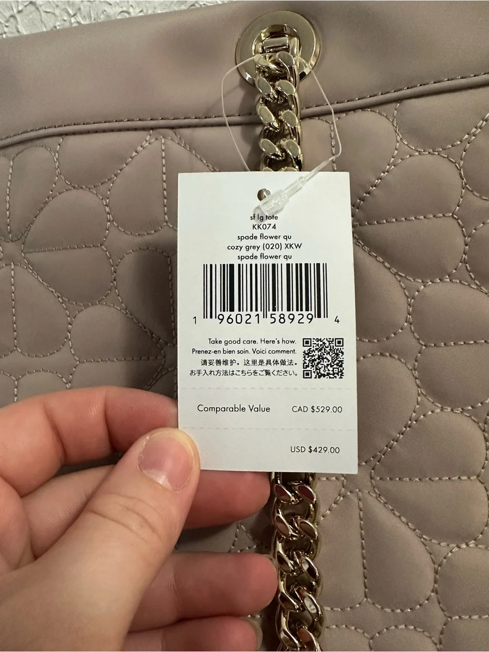 kate spade flower Quilted Blush Pink Tote with Gold Chain Straps